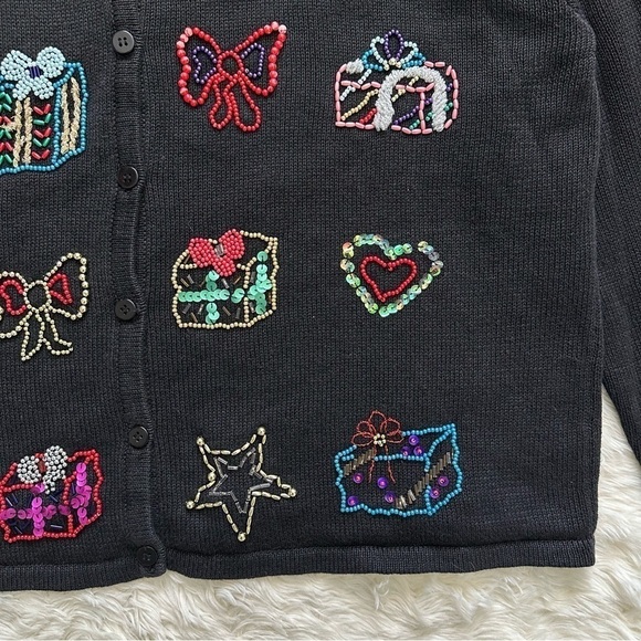 Vintage Arriviste Cardigan Holiday Ugly Christmas Sweater Beaded Black XL - Picture 6 of 13